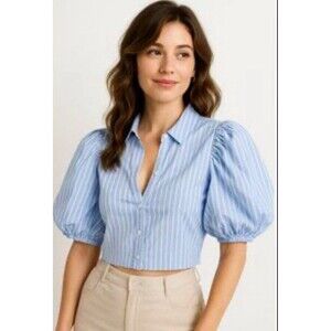 NWT Choosy Blue And White Striped Button Up Cropped Shirt With A Puff Sleeve XL